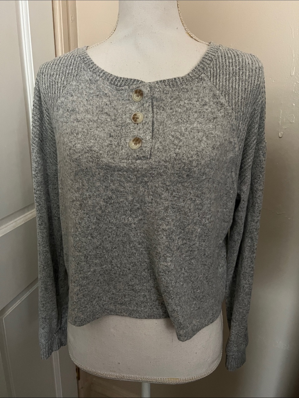 Cozy Gray Button Henley Pullover Sweater - Women